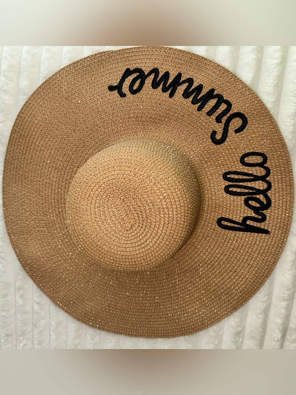 Wide Brim Straw Sun Hat with 'hello summer' Script - Tan